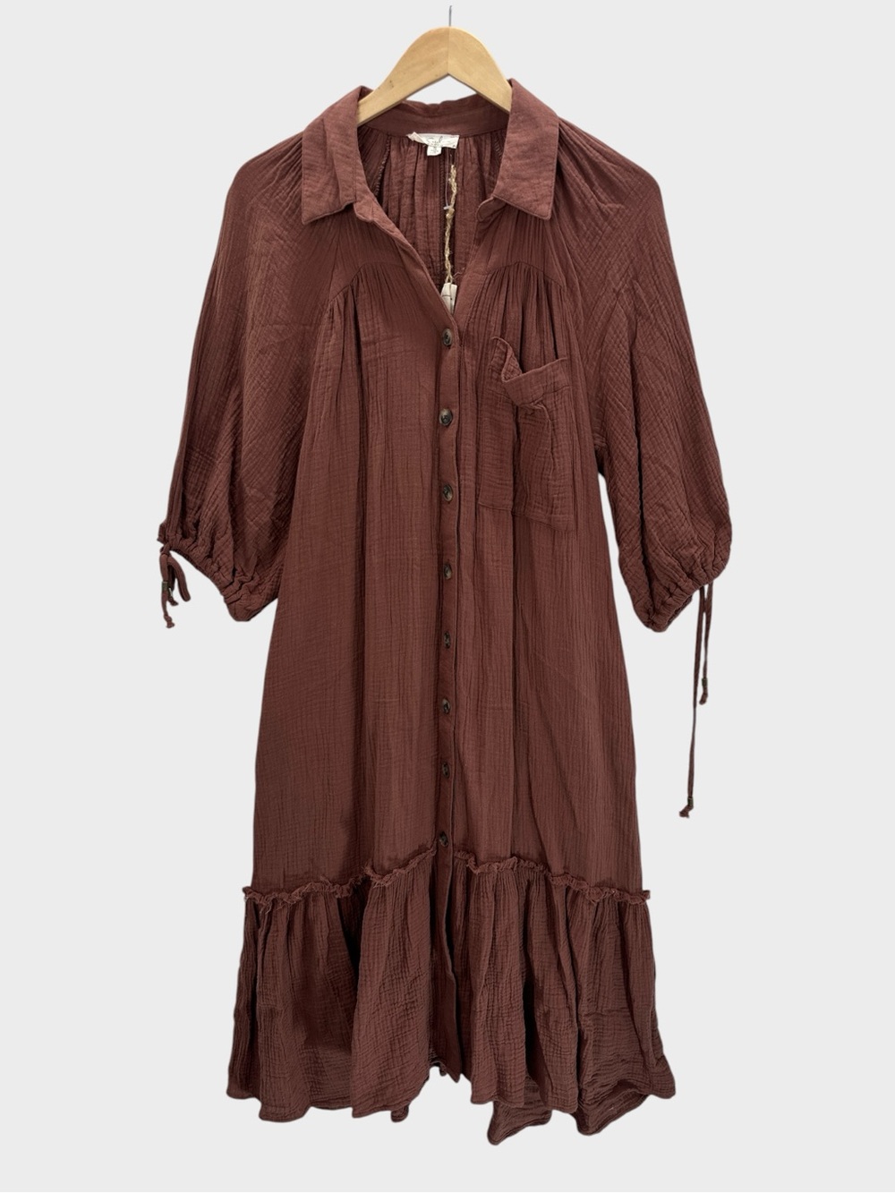 Easel Cotton Gauze Button Front Midi Shirt Dress Relaxed Brown Western Boho S
